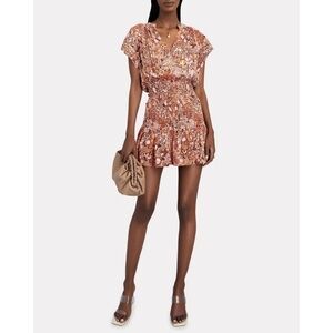 NWT A.L.C. Carly Smocked Print Silk Mini Dress in Sorbet Multi Sz. 10